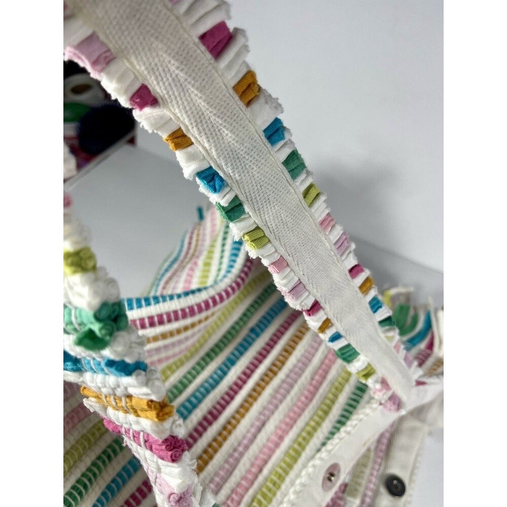 Shiraleah Chicago Recycled Cotton Rag Tote Bag Multi-Color Striped Boho Fringe - Picture 11 of 14